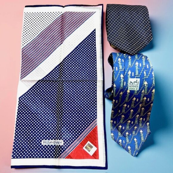 Set Necktie Silk : Hermes Paris & Les Mues Paris Blue + YSL Handkerchief 16"(48 - Picture 3 of 15